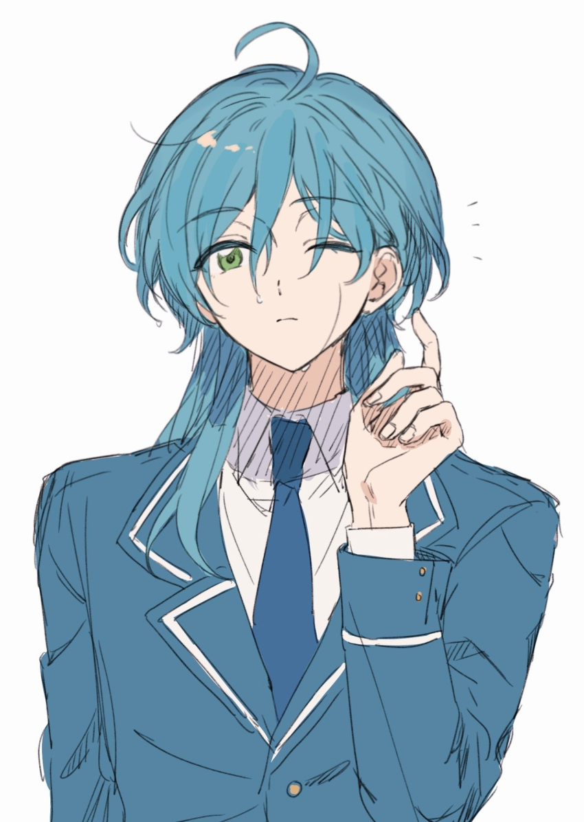 1boy ahoge blue_hair blue_jacket blue_necktie closed_mouth collared_shirt ensemble_stars! expressionless fua1heyvot4ifsr green_eyes grey_background highres jacket looking_at_viewer male_focus medium_hair necktie one_eye_closed school_uniform shinkai_kanata shirt simple_background solo white_shirt yumenosaki_school_uniform