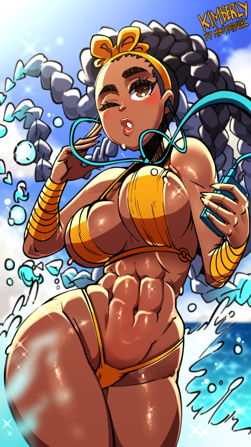 1girl abs absurdres aqua_hair bandaged_wrist bandages bikini black_hair blue_sky bouncing_breasts bow_hairband breasts brown_eyes brown_lips colored_tips commentary dark_skin earphones english_commentary forehead hairband highres kimberly_jackson king_meg_art large_breasts listening_to_music long_hair micro_bikini multicolored_hair navel o-ring o-ring_bikini ocean one_eye_closed orange_bikini quad_braids sideboob sky solo splashing strap_gap street_fighter street_fighter_6 swimsuit thick_eyebrows thick_thighs thighs toned very_dark_skin very_long_hair wading walkman water wide_hips yellow_hairband