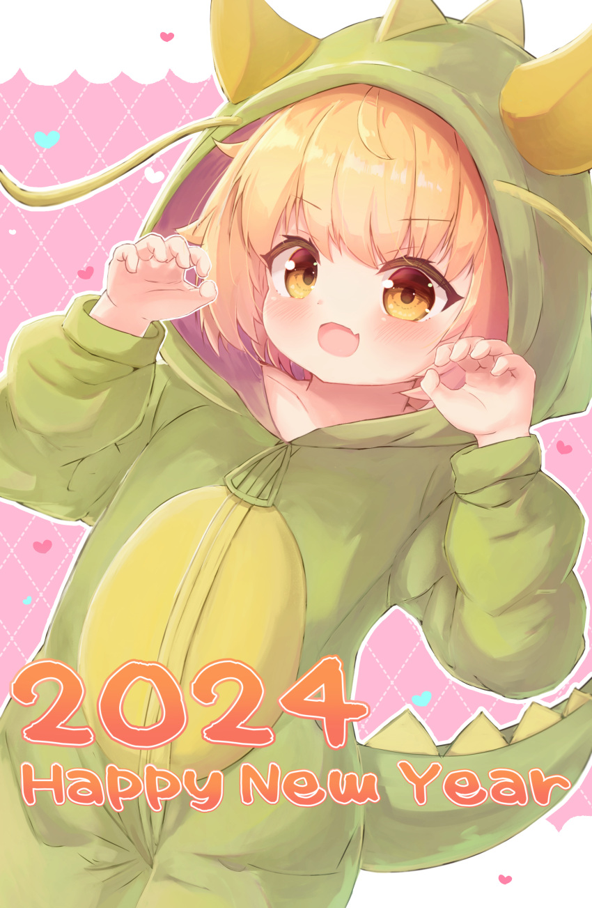 1girl 2024 absurdres animal_costume bemani brown_eyes butterfly_cat chrocatz claw_pose commentary_request cosplay cowboy_shot dragon_costume dutch_angle fang happy_new_year highres hina_(butterfly_cat) hood hood_up kigurumi looking_at_viewer new_year open_mouth orange_hair revision short_hair skin_fang solo sound_voltex