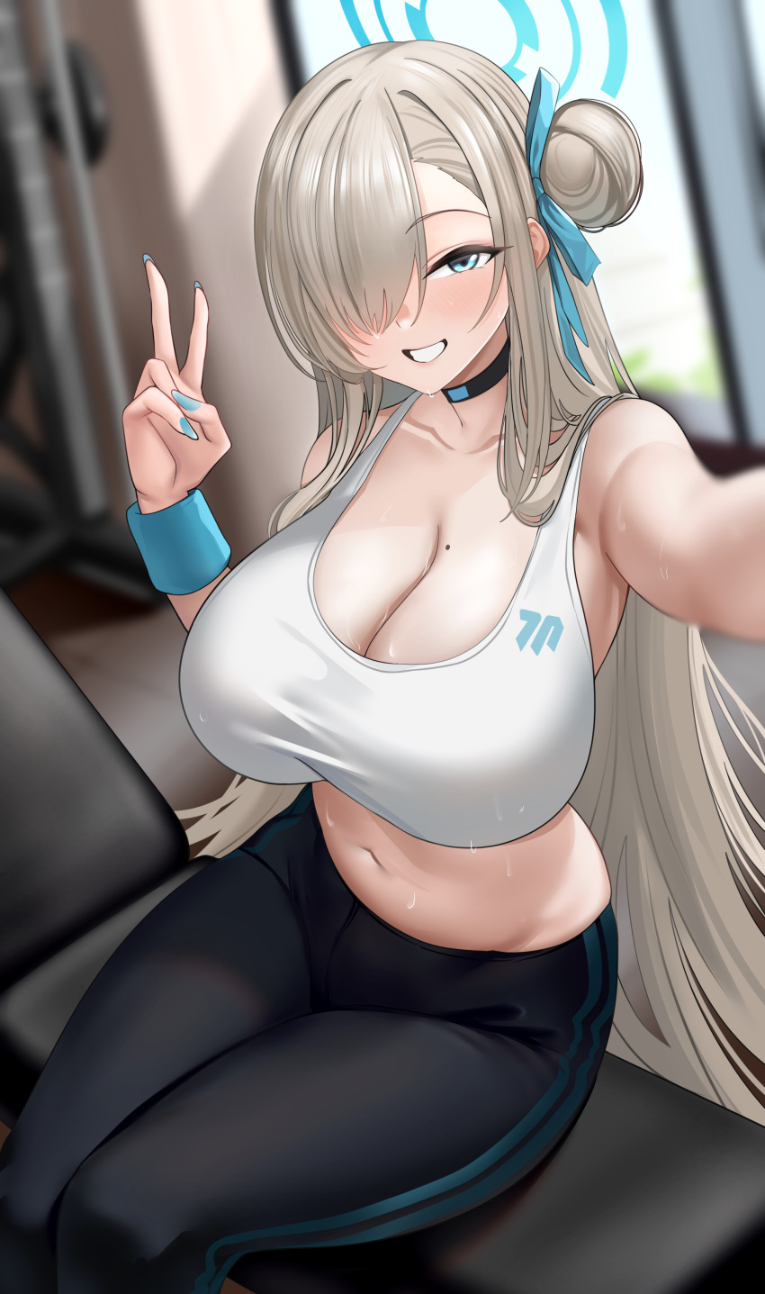 1girl absurdres asuna_(blue_archive) black_pants blue_archive blue_eyes blue_halo blue_nails blue_ribbon blurry blurry_background blush breasts cleavage collarbone feet_out_of_frame fingernails grin hair_over_one_eye hair_ribbon halo highres jinpaitugounan large_breasts light_brown_hair long_hair looking_at_viewer mole mole_on_breast nail_polish navel pants ribbon sitting smile solo sweat tank_top v white_tank_top