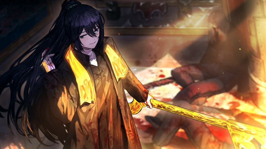 1other 2boys black_eyes black_hair black_pants black_robe blood blood_on_clothes blue_eyes death game_cg heterochromia highres holding holding_key holding_weapon hong_lu_(project_moon) indoors key limbus_company long_hair male_focus multiple_boys nai_ga official_art oversized_object pants parted_lips ponytail project_moon robe sitting solo_focus standing teeth very_long_hair weapon