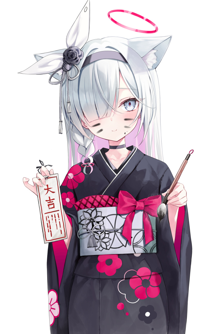 1girl animal_ear_fluff animal_ears black_choker black_hairband black_kimono blue_archive blush braid calligraphy_brush choker closed_mouth colored_inner_hair fingernails grey_eyes grey_hair hair_over_one_eye hairband halo highres holding holding_brush japanese_clothes kimono long_hair long_sleeves multicolored_hair obi omikuji paintbrush pink_hair plana_(blue_archive) rangtori red_halo sash simple_background single_braid smile solo white_background wide_sleeves