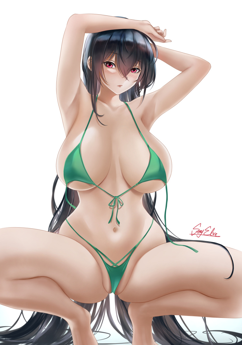 1girl absurdres ahoge armpits arms_up azur_lane bikini breasts criss-cross_straps crossed_bangs hands_on_own_head highres huge_breasts large_breasts long_hair official_alternate_costume red_eyes signature soy'elve squatting string_bikini swimsuit taihou_(azur_lane) taihou_(seaside_daydreams)_(azur_lane) thighs untied_bikini white_background