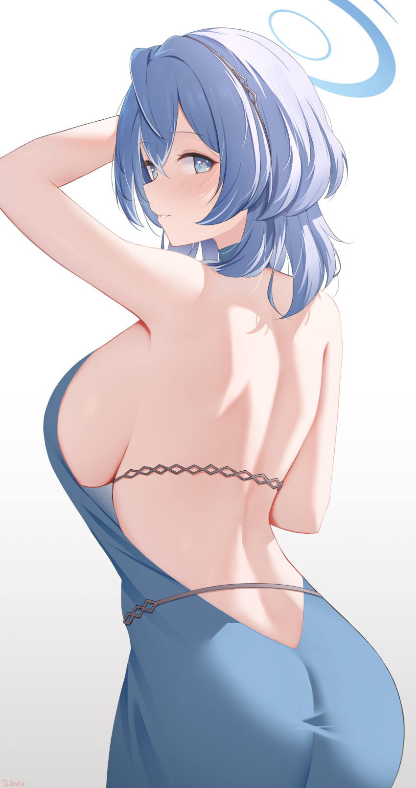 1girl absurdres ako_(blue_archive) ako_(dress)_(blue_archive) ass backless_dress backless_outfit black_hairband blue_archive blue_eyes blue_hair blue_halo blush breasts commentary doraski dress from_behind gradient_background hair_between_eyes hairband halo highres large_breasts long_hair looking_at_viewer looking_back official_alternate_costume open_mouth sideboob signature sleeveless sleeveless_dress solo