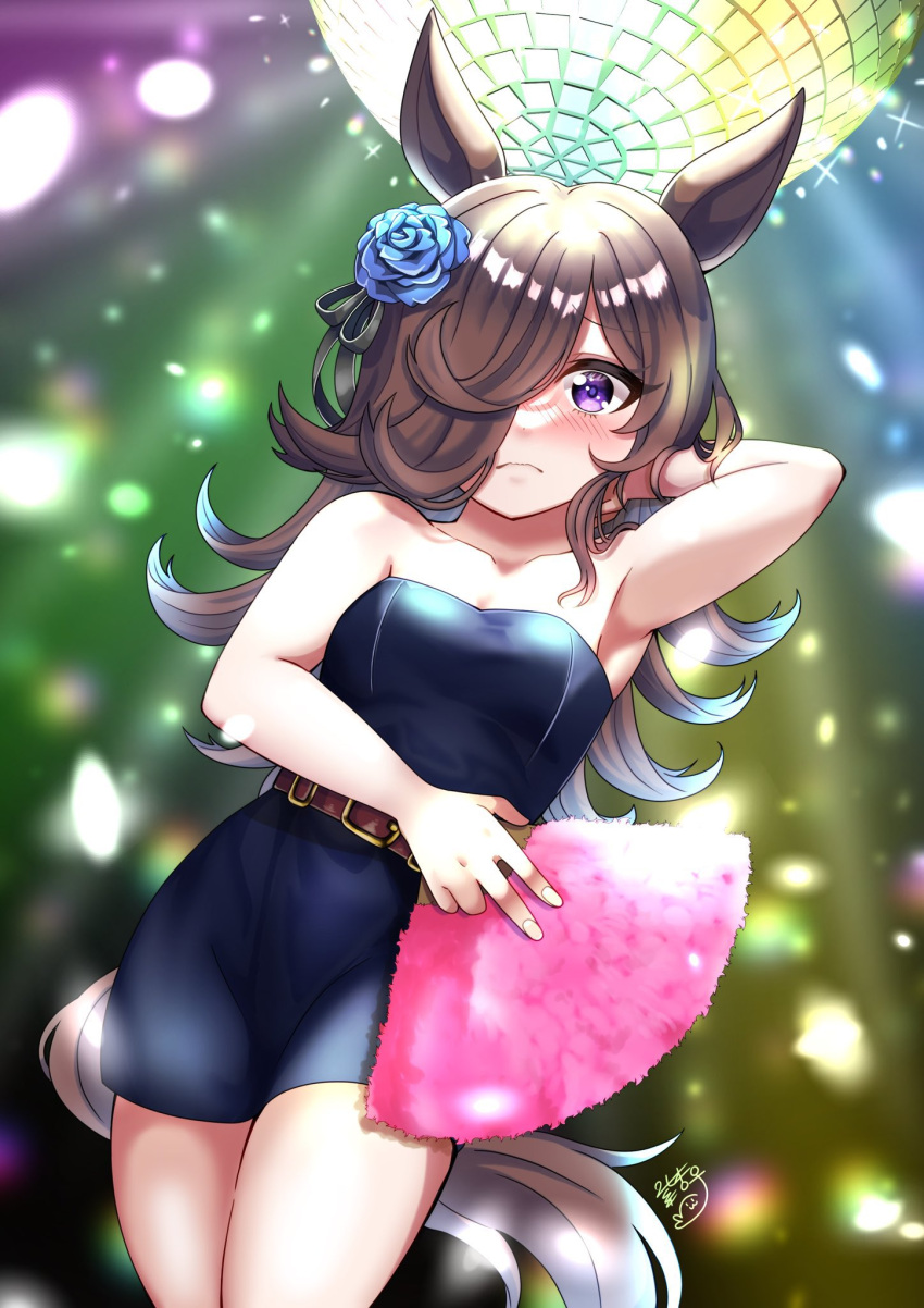 1girl animal_ears armpits blue_flower blue_rose blush brown_hair dress flower hair_flower hair_ornament hair_over_one_eye highres horse_ears horse_girl horse_tail horseshoe_ornament long_hair looking_at_viewer purple_eyes rice_shower_(umamusume) rose shian_(sian8882) solo tail umamusume