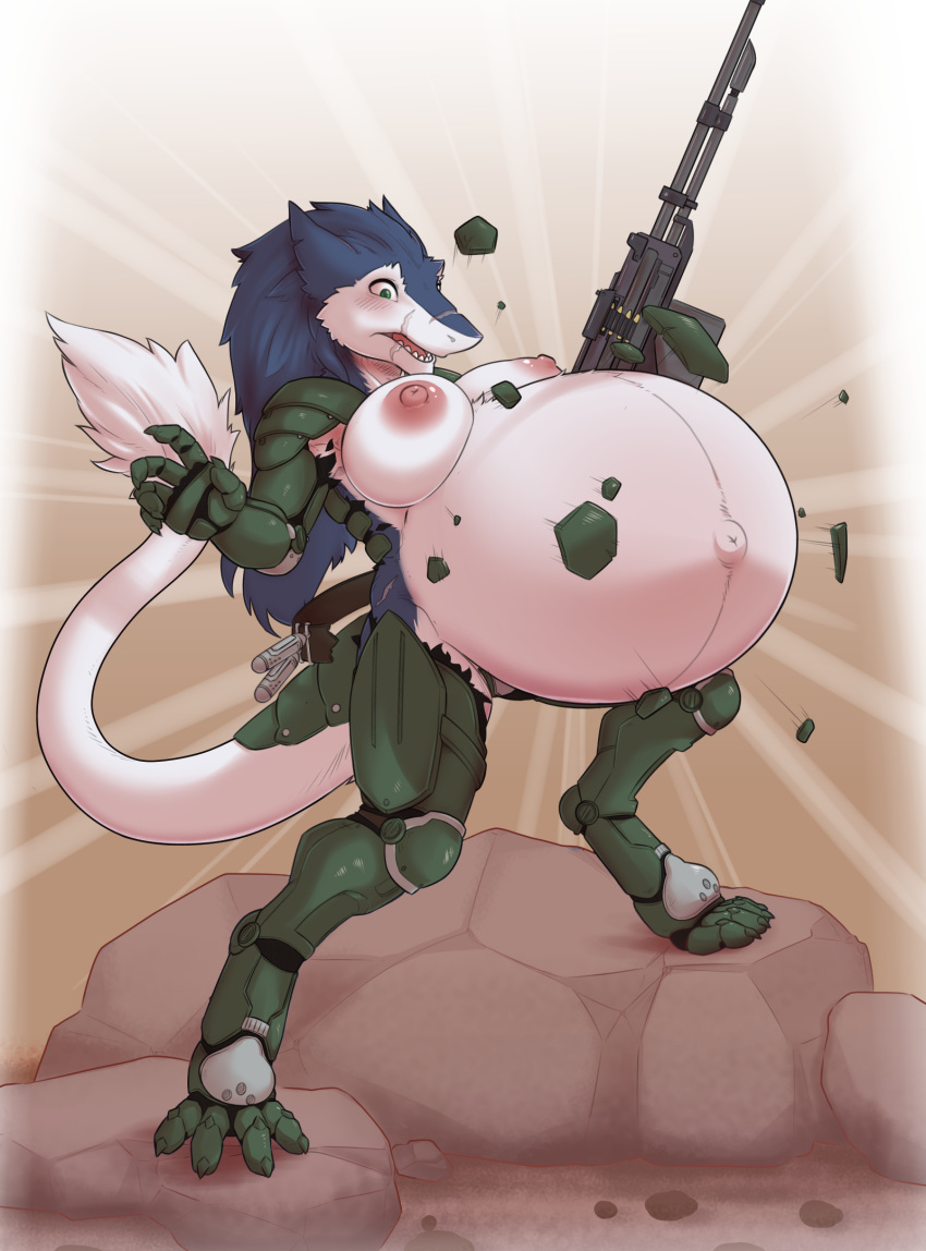 4_toes 5_fingers anthro areola armor belly big_belly blue_body blue_fur breasts clothes_bursting clothing expansion female fingers fur green_eyes gun hi_res hyper hyper_belly machine machine_gun navel nipples open_mouth papa_soul power_armor pregnant ranged_weapon scar sergal shocked solo standing teeth toes wardrobe_malfunction weapon