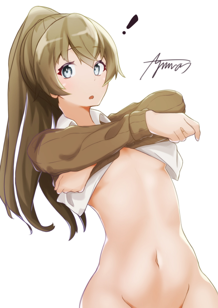 ! 1girl ayuman blazer blue_eyes brown_hair brown_jacket groin highres jacket kantai_collection kumano_(kantai_collection) long_hair no_panties out-of-frame_censoring ponytail shirt_lift signature simple_background solo undressing white_background