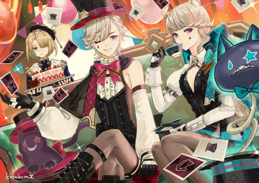 1girl 2boys absurdres animal_ears aqua_bow balloon beret black_footwear black_headwear boots bow brother_and_sister cake card cat_ears commentary_request cup detached_sleeves food freminet_(genshin_impact) genshin_impact grey_hair grin hat highres holding holding_cup holding_tray juliet_sleeves karakusa_(ototsukiharu) long_sleeves looking_at_viewer lynette_(genshin_impact) lyney_(genshin_impact) multiple_boys one_eye_closed puffy_sleeves purple_eyes short_hair siblings sitting smile teacup tray