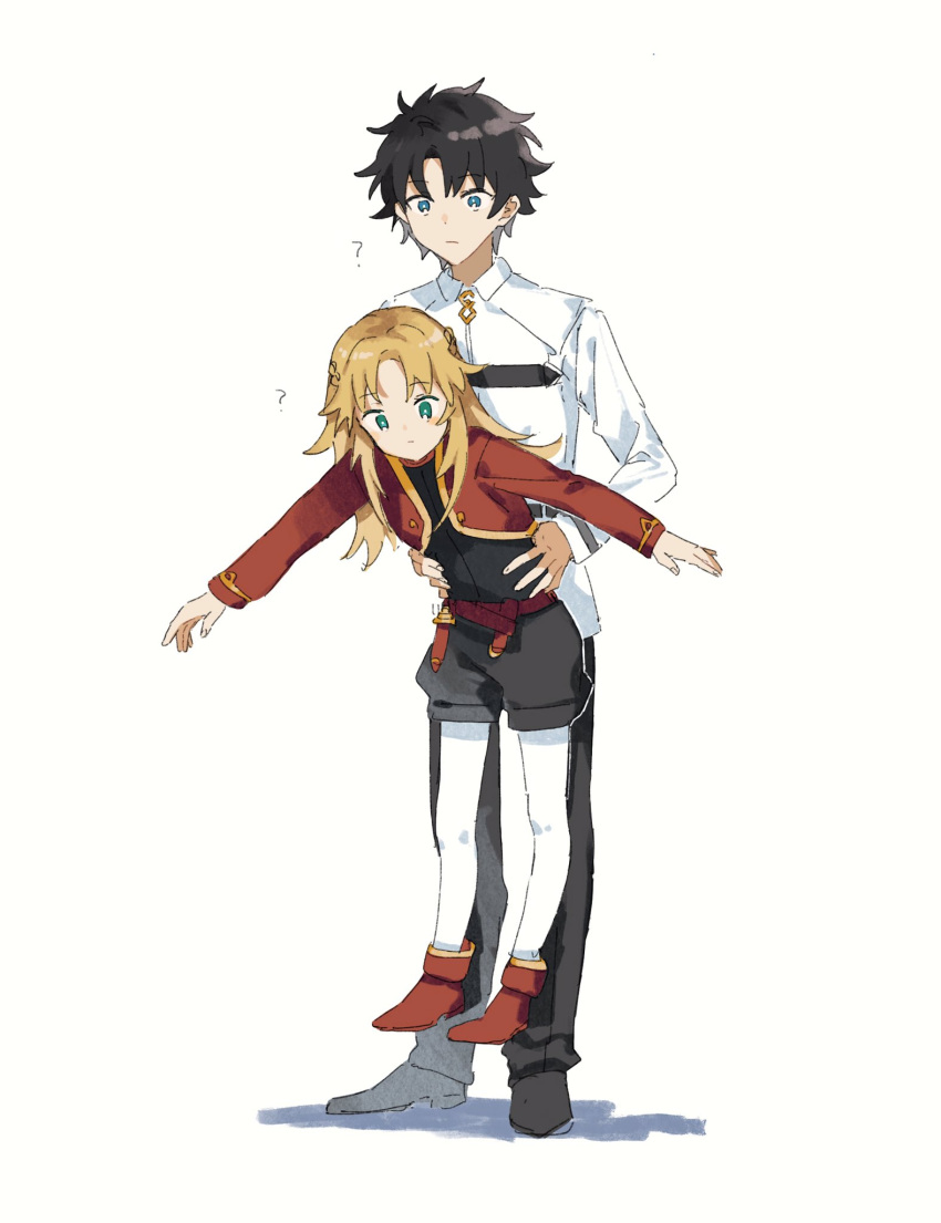 1boy 1girl ? black_hair blonde_hair blue_eyes chaldea_uniform character_request fate_(series) fujimaru_ritsuka_(male) full_body green_eyes hand_on_another's_hip highres lifting_person medium_hair rizu033 shoes short_hair shorts simple_background thighhighs white_background white_thighhighs