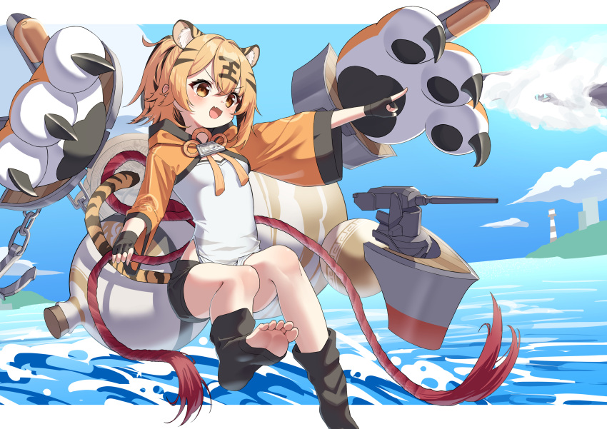 1girl :d absurdres animal_ears azur_lane black_gloves black_hair black_shorts black_socks breasts brown_eyes commentary_request fang fingerless_gloves foot_out_of_frame gloves highres hu_pen_(azur_lane) marimo_daifuku multicolored_hair open_mouth orange_hair pointing rigging shirt short_hair short_shorts shorts skin_fang small_breasts smile socks soles solo streaked_hair tail tiger_ears tiger_girl tiger_tail toeless_legwear toes white_shirt