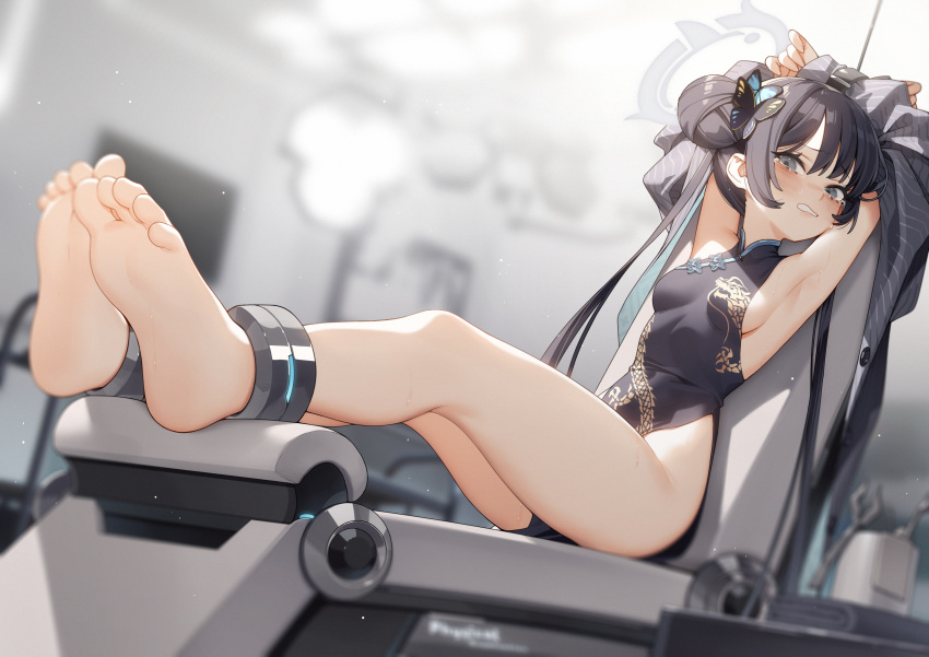 1girl absurdres armpits arms_up bare_legs barefoot black_coat black_dress black_hair blue_archive blurry blurry_background blush breasts butterfly_hair_ornament clenched_teeth coat commentary de_da_xianyu depth_of_field double_bun dragon_print dress feet foot_focus full_body grey_eyes grey_halo hair_bun hair_ornament halo highres indoors kisaki_(blue_archive) legs legs_together long_hair long_sleeves medium_breasts parted_lips pelvic_curtain presenting_armpit print_dress restrained sideboob sitting sleeveless sleeveless_dress soles solo stationary_restraints symbol-only_commentary tearing_up tears teeth toes twintails very_long_hair