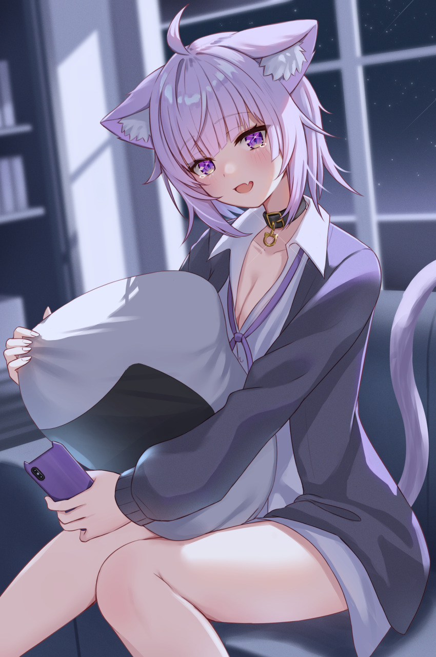 1girl absurdres ahoge animal_collar animal_ear_fluff animal_ears black_collar black_jacket blurry blurry_background breasts cat_ears cat_girl cat_tail cleavage collar collared_shirt commentary_request couch ears_down fang highres holding holding_phone hololive indoors jacket long_sleeves looking_at_viewer loose_neck_ribbon nekomata_okayu nekomata_okayu_(oversized_shirt) official_alternate_costume on_couch onigiri_print open_mouth phone puffy_long_sleeves puffy_sleeves purple_eyes purple_hair purple_ribbon ribbon shirt short_hair sitting skin_fang smile solo stuffed_food stuffed_toy tail thighs togemaru34 virtual_youtuber white_shirt