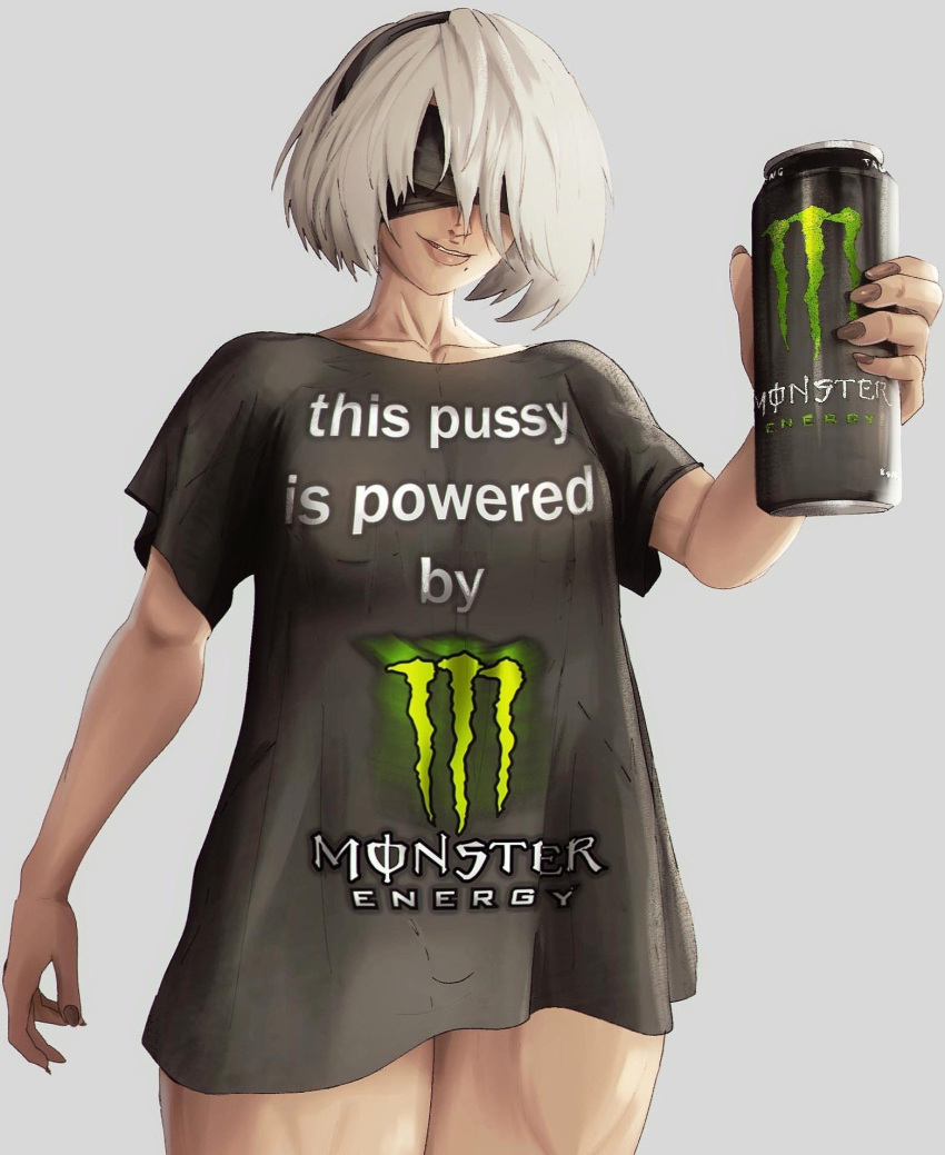 1girl 2b_(nier:automata) black_blindfold black_hairband black_shirt blindfold breasts can covered_eyes drink_can english_commentary fingernails hairband highres holding holding_can lips looking_at_viewer meme_attire mole mole_under_mouth monster_energy nier:automata nier_(series) no_pants oversized_clothes oversized_shirt shirt short_hair short_sleeves simple_background smile solo straight-on t-shirt thick_thighs thighs very_short_hair white_background white_hair yoracrab