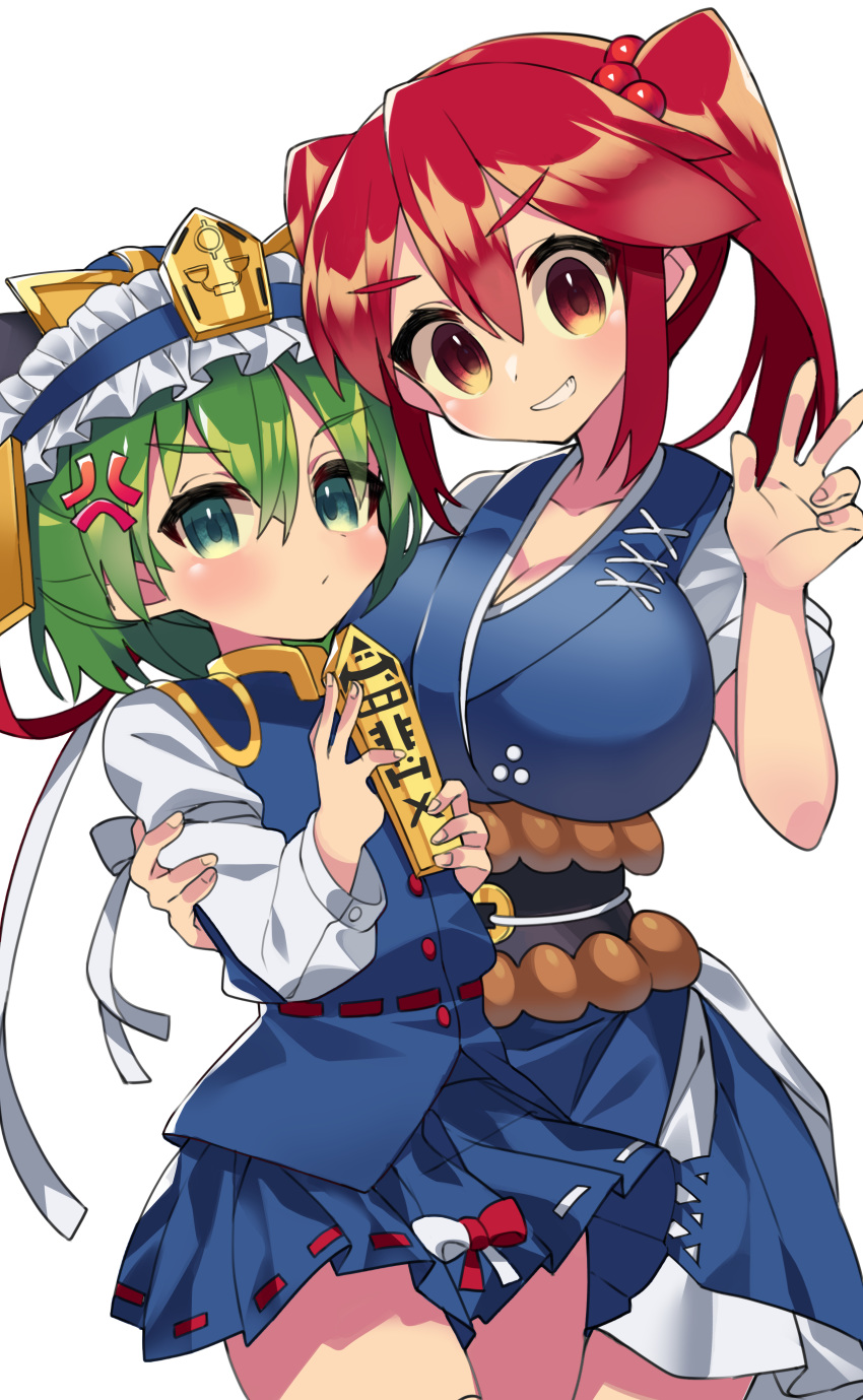 2girls absurdres anger_vein bangs blue_dress blue_headwear blue_vest bow breast_envy breasts brown_sash cleavage closed_mouth dress epaulettes eyebrows_visible_through_hair frilled_hat frills green_eyes green_hair hair_between_eyes hair_bobbles hair_ornament hat highres holding_person holding_rod large_breasts long_sleeves looking_at_viewer medium_hair multicolored_bow multiple_girls obi onozuka_komachi red_eyes red_hair red_ribbon ribbon ribbon-trimmed_clothes ribbon-trimmed_skirt ribbon_trim rod_of_remorse sakaki_(utigi) sash shiki_eiki shirt short_hair short_sleeves simple_background smile touhou two_side_up v v-shaped_eyebrows vest white_background white_ribbon white_shirt white_sleeves