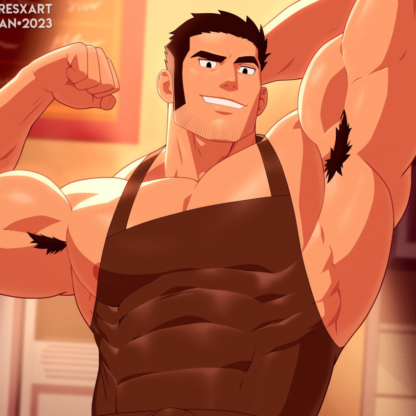 1boy apron arm_behind_head armpit_hair armpits bara barista beard_stubble biceps black_hair brown_apron cafe crestren facial_hair flexing highres huge_eyebrows impossible_clothes large_pectorals long_sideburns looking_at_viewer lucas_lee male_focus muscular muscular_male naked_apron paid_reward_available pectoral_cleavage pectorals scott_pilgrim_(series) scott_pilgrim_takes_off short_hair sideburns sidepec smile smug solo stubble upper_body