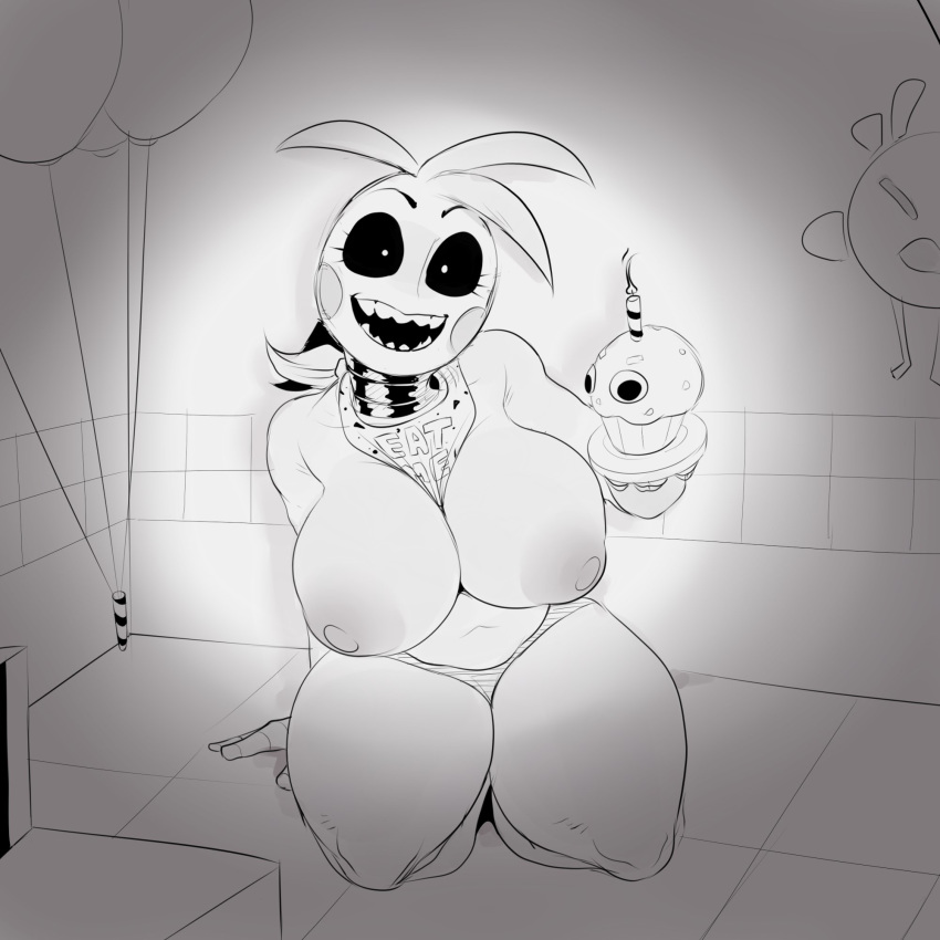 1:1 animatronic anthro areola avian balloon beakless bib big_breasts biped bird black_eyes breasts chicken clothing cupcake_(fnaf) detnox digital_media_(artwork) female five_nights_at_freddy's five_nights_at_freddy's_2 galliform gallus_(genus) hair hi_res inside looking_at_viewer machine nipples non-mammal_breasts open_mouth phasianid robot sitting slightly_chubby smile solo thick_thighs topless_female toy_chica_(fnaf) video_games