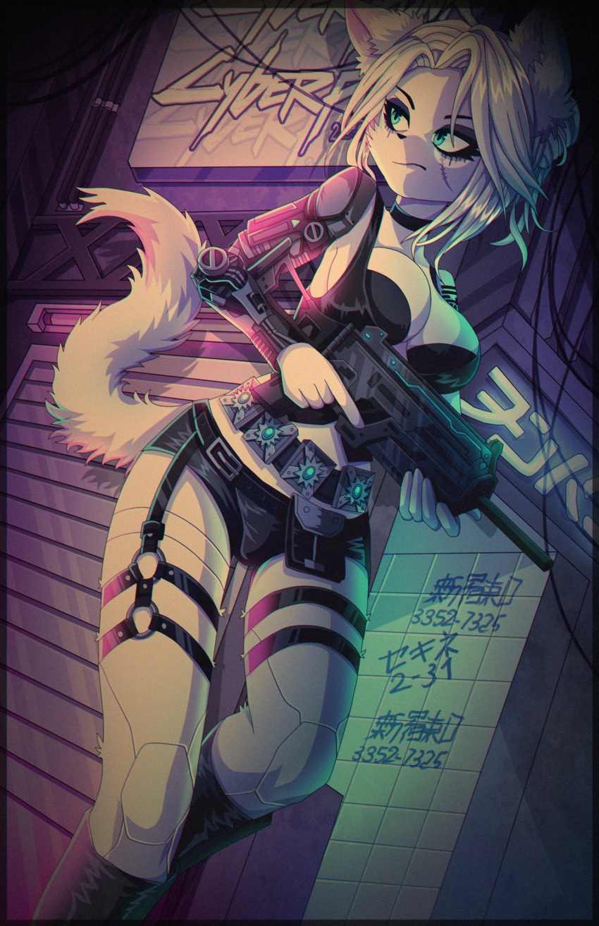 absurd_res alternate_species anime_eyes anthro belt big_breasts blue_eyes bottomwear bra breasts canid canine canis choker ciri clothing cybernetic_arm cybernetic_leg cybernetic_limb cybernetics cyberpunk cyberpunk_2077 detailed_background domestic_cat felid feline felis female fluffy fluffy_ears fluffy_tail fur furrification gun hair harness hi_res jacket japanese_text jewelry leather leather_bottomwear leather_clothing leather_harness leather_jacket leather_shoes leather_shorts leather_topwear looking_back machine mammal necklace neon neon_lights ranged_weapon shorts solo tail text the_witcher topwear tweenstrip underwear weapon white_body white_fur witcher