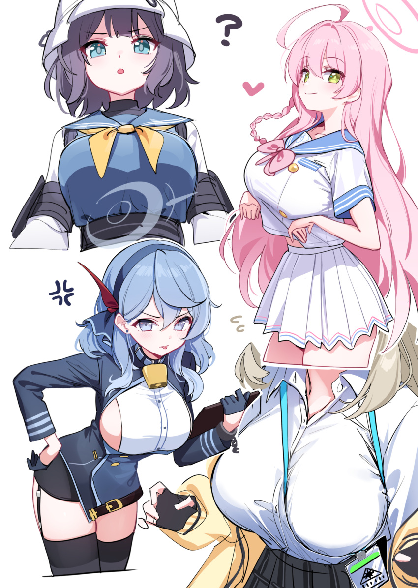 4girls ? ahoge ako_(blue_archive) anger_vein bell black_gloves black_hair black_skirt black_thighhighs blue_archive blue_eyes blue_hair blue_halo blue_jacket blue_sailor_collar blue_serafuku blush braid breasts closed_mouth collarbone combat_helmet deadnooodles fingerless_gloves gloves green_eyes hair_between_eyes halo hanako_(blue_archive) heart helmet highres jacket large_breasts light_brown_hair long_hair long_sleeves multiple_girls neck_bell neckerchief nonomi_(blue_archive) open_clothes open_jacket open_mouth pink_hair pink_halo pleated_skirt sailor_collar saki_(blue_archive) school_uniform serafuku shirt short_hair short_sleeves sideboob simple_background single_braid skirt smile stahlhelm thighhighs white_background white_headwear white_shirt white_skirt yellow_jacket yellow_neckerchief