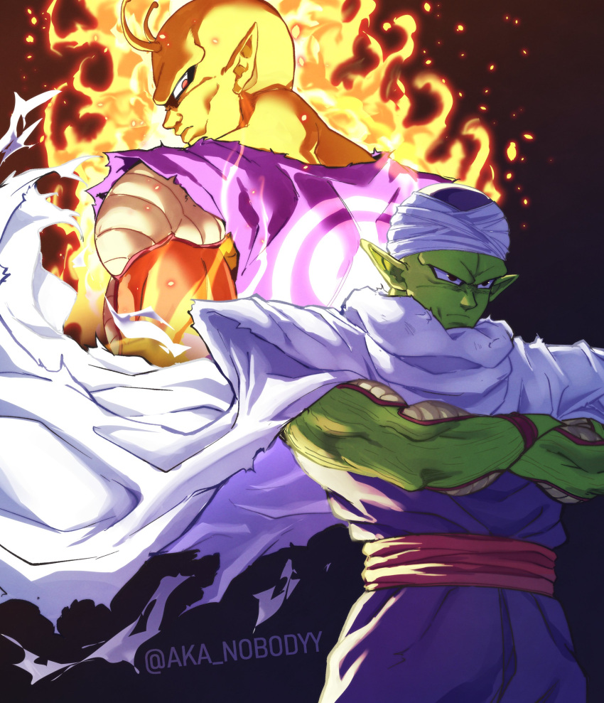 absurdres aka_nobodyy aura cape colored_skin crossed_arms dragon_ball dragon_ball_super dragon_ball_super_super_hero green_skin highres looking_back orange_piccolo orange_skin pants piccolo purple_pants purple_shirt red_eyes shirt twitter_username white_cape