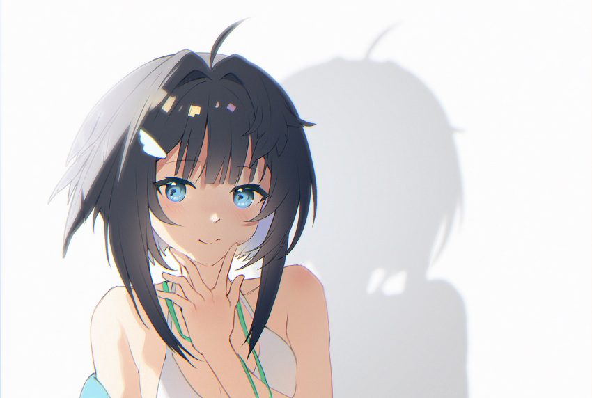1girl ahoge ai_(zerozeronii) arknights bikini black_hair blue_eyes blush closed_mouth collarbone hair_intakes hand_on_own_face hand_up highres la_pluma_(arknights) la_pluma_(summer_flowers)_(arknights) long_bangs looking_at_viewer medium_hair off_shoulder shadow sidelocks simple_background smile solo squishing swimsuit upper_body white_background white_bikini wing_hair_ornament