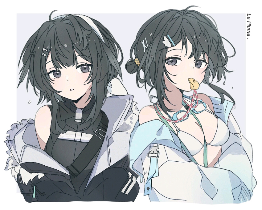 1girl arknights bare_shoulders bikini black_eyes black_hair black_jacket black_shirt blowing_whistle border breasts character_name cropped_torso goggles goggles_around_neck hair_ornament hairclip jacket jacket_over_swimsuit la_pluma_(arknights) la_pluma_(summer_flowers)_(arknights) looking_at_viewer medium_breasts multicolored_hair multiple_views off_shoulder official_alternate_costume open_clothes open_jacket outside_border parted_lips seri_(vyrlw) shirt sidelocks simple_background single_off_shoulder sleeveless sleeveless_shirt streaked_hair swimsuit upper_body whistle white_bikini white_border white_hair white_jacket