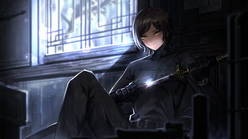 1girl belt black_belt black_gloves black_pants black_shirt blood blood_on_weapon brown_hair closed_mouth game_cg gloves highres holding holding_sword holding_weapon indoors limbus_company long_sleeves nai_ga official_art orange_eyes outis_(project_moon) pants project_moon sheath shirt short_hair sitting solo sword unsheathing watch weapon wristwatch