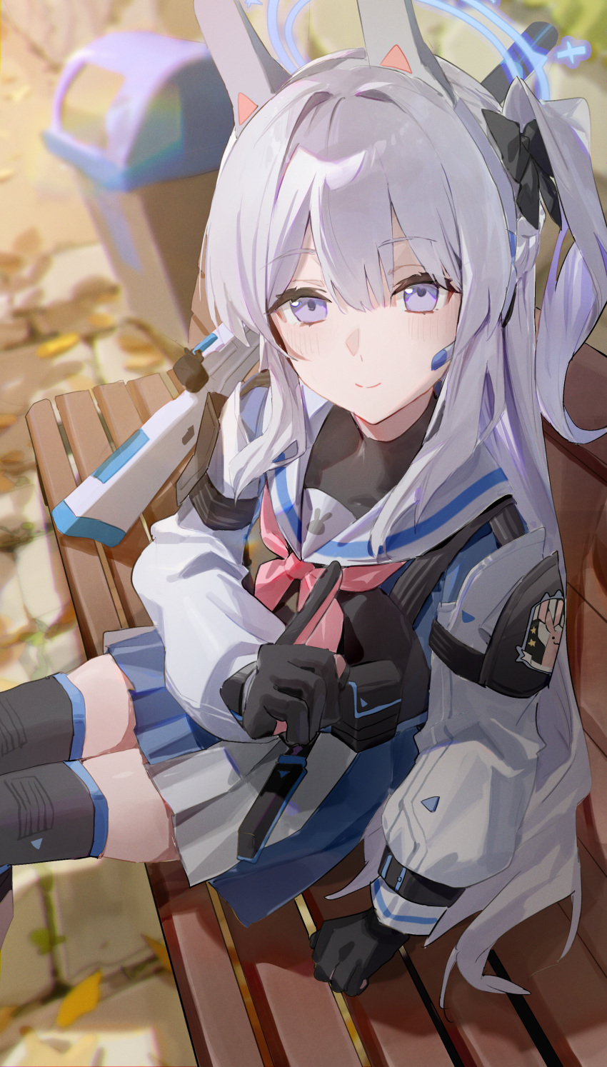 1girl absurdres animal_ears bench black_gloves blue_archive blue_serafuku blue_skirt blush closed_mouth fake_animal_ears flatshi gloves grey_hair highres knee_pads long_hair long_sleeves looking_at_viewer miyako_(blue_archive) one_side_up pleated_skirt purple_eyes rabbit_ears sailor_collar school_uniform serafuku sitting skirt smile solo two-tone_skirt white_sailor_collar white_skirt