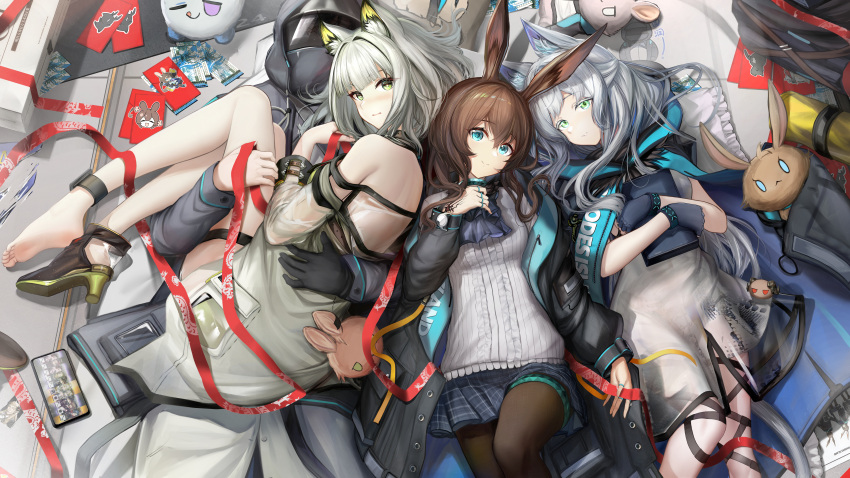 1other 3girls absurdres amiya_(arknights) animal_ear_fluff animal_ears aqua_eyes arknights bare_shoulders black_jacket black_pantyhose blue_skirt brown_hair carrying cat_ears choshanland_plushy_(arknights) commentary dated_commentary doctor_(arknights) dragon_bubble_(arknights) green_eyes grey_hair head_tilt highres jacket kal'tsit_(arknights) ling_(arknights) long_sleeves lungmen_dollar miniskirt multiple_girls nopetroto pantyhose pleated_skirt princess_carry rabbit_ears rosmontis_(arknights) shirt skirt white_jacket white_shirt