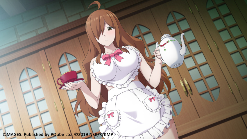 1girl ahoge apron artist_request blush bow breasts brown_eyes brown_hair collarbone cowboy_shot cup dutch_angle english_text frilled_apron frills hair_over_one_eye highres holding holding_teapot kono_subarashii_sekai_ni_shukufuku_wo! large_breasts long_hair looking_at_viewer naked_apron official_art open_mouth pink_bow plate pocket solo tareme teacup teapot white_apron wiz_(konosuba)