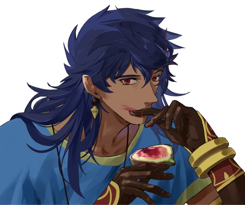 1boy blue_hair dark-skinned_male dark_blue_hair dark_skin donkey_fgo earrings eating fate/grand_order fate_(series) fig food food_on_face fruit greco-roman_clothes hair_between_eyes highres holding holding_food holding_fruit jewelry long_hair looking_at_viewer male_focus red_eyes romulus_quirinus_(fate) smeared_blood solo three_quarter_view very_long_hair