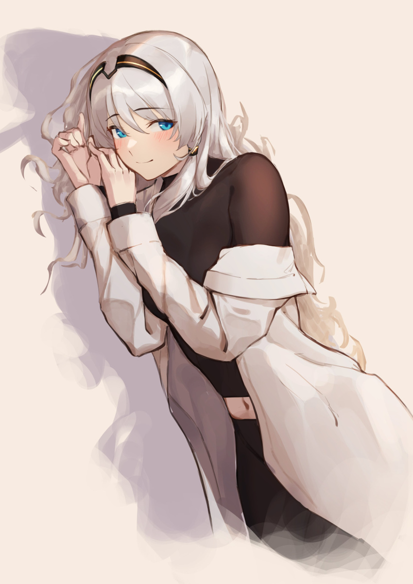 1girl 3_small_spiders absurdres an-94_(girls'_frontline) blue_eyes blush coat girls'_frontline hairband highres long_hair looking_at_viewer midriff navel open_clothes open_coat smile solo white_coat white_hair