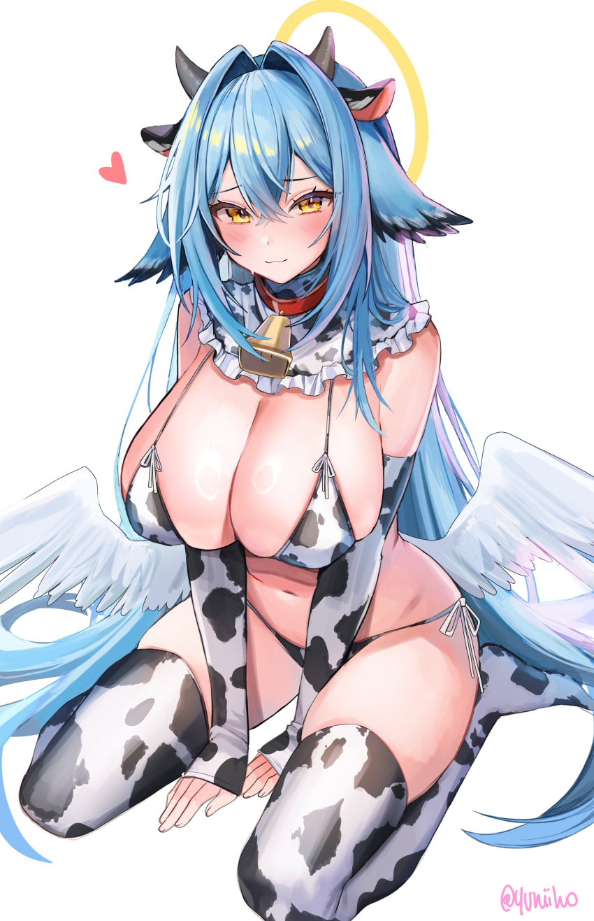 1girl :3 absurdres animal_ears animal_print bell between_legs bikini blue_hair blush breasts cleavage closed_mouth collar commentary cow_ears cow_horns cow_print cow_print_bikini cow_print_thighhighs detached_sleeves fake_animal_ears fake_horns feathered_wings frilled_collar frills halo head_wings heart highres horns large_breasts looking_at_viewer low_wings navel neck_bell original print_bikini print_thighhighs side-tie_bikini_bottom simple_background sitting smile solo swimsuit symbol-only_commentary thighhighs twitter_username wariza white_background white_wings wings yellow_eyes yellow_halo yuniiho