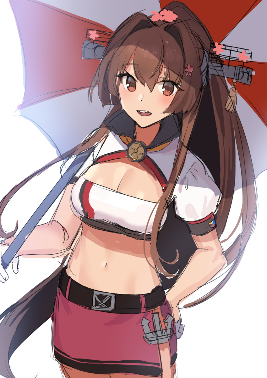 1girl alternate_costume anchor bandeau breasts brown_hair cleavage cropped_jacket highres jacket kantai_collection kikumon large_breasts long_hair miniskirt mizuki_eiru_(akagi_kurage) open_mouth ponytail race_queen red_skirt round_teeth simple_background skirt solo teeth umbrella upper_teeth very_long_hair white_background white_jacket yamato_(kantai_collection)