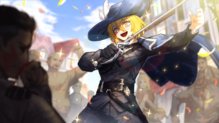 +_+ 1girl 6+others :d belt black_gloves black_vest blonde_hair blue_headwear blue_necktie bob_cut cavalier_hat collared_shirt don_quixote_(project_moon) fighting game_cg gloves hair_between_eyes highres limbus_company multiple_others nai_ga necktie official_art plume project_moon rapier sheath shirt smile solo_focus sword town vest weapon white_shirt yellow_eyes