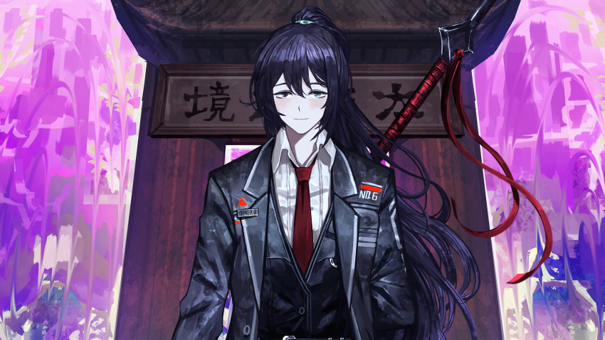 1boy black_eyes black_hair black_jacket black_vest blue_eyes closed_mouth collared_shirt game_cg heterochromia highres holding holding_weapon hong_lu_(project_moon) jacket lapels limbus_company long_hair looking_at_viewer male_focus nai_ga necktie notched_lapels official_art open_clothes open_jacket ponytail project_moon red_necktie shirt solo vest weapon white_shirt wing_collar