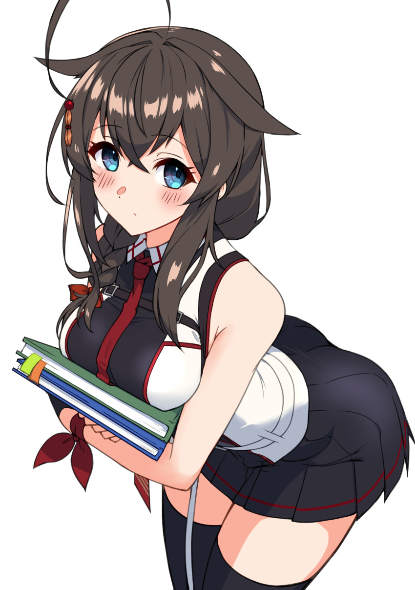 1girl absurdres ahoge black_gloves blue_eyes blush book braid breast_press breasts brown_hair gloves hair_between_eyes hair_flaps hair_over_shoulder highres kantai_collection long_hair looking_at_viewer necktie red_necktie shiba_(zudha) shigure_(kancolle) shigure_kai_san_(kancolle) shirt single_braid skirt sleeveless solo