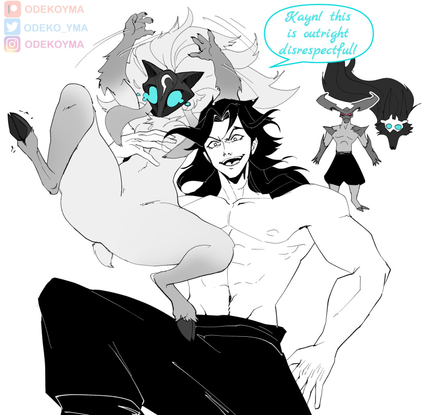 1girl 2boys abs arms_up body_fur carrying carrying_person demon_boy demon_horns english_text furry furry_female highres hooves horns kayn_(league_of_legends) kindred_(league_of_legends) lamb_(league_of_legends) league_of_legends long_hair mask multiple_boys navel odeko_yma pants rhaast shoulder_plates smile speech_bubble topless wolf_(league_of_legends)