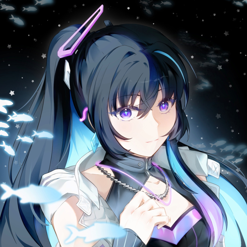 1girl aqua_gemstone black_hair black_shirt blue_hair chain_necklace cleavage_cutout clothing_cutout colored_inner_hair cross-shaped_pupils earrings glowing_fish glowing_necklace gradient_hair hair_between_eyes hair_intakes hand_on_own_chest high_side_ponytail highres idol_clothes iridescent_hair jewelry light_smile looking_at_viewer multicolored_hair multiple_necklaces necklace official_alternate_costume punishing:_gray_raven purple_eyes selena:_capriccio_(punishing:_gray_raven) selena_(punishing:_gray_raven) shirt simple_fish solo star_(symbol) streaked_hair symbol-shaped_pupils upper_body vest white_vest yuki_chi_xuex