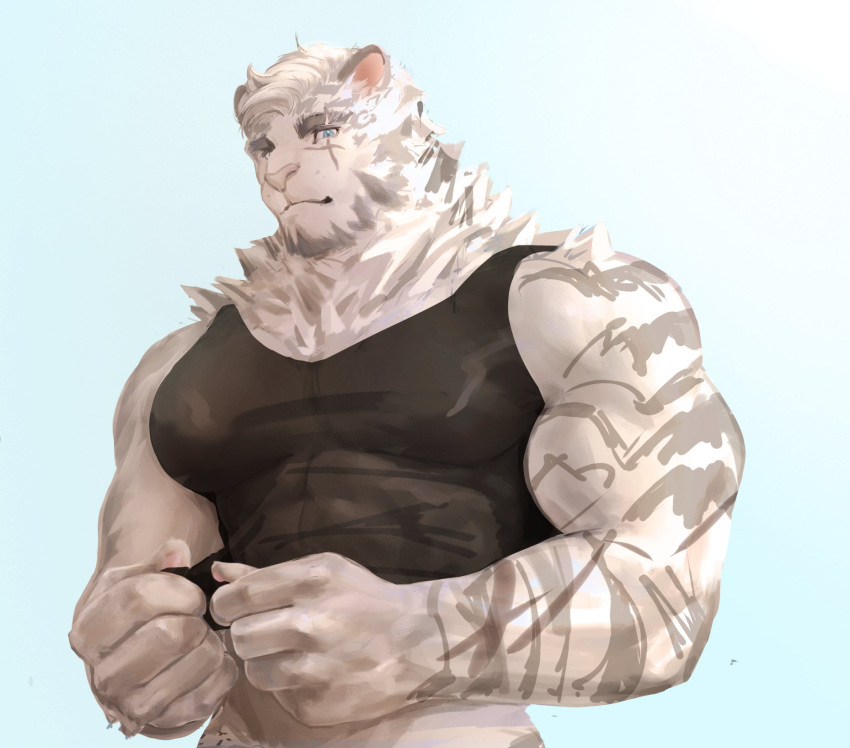 1boy abs animal_ears arknights banhthi bara biceps black_tank_top clothes_pull cross_scar english_commentary furry furry_male highres looking_at_viewer male_focus mountain_(arknights) multiple_scars muscular muscular_male pectorals scar scar_across_eye scar_on_arm scar_on_cheek scar_on_face shirt shirt_pull sleeveless sleeveless_shirt tank_top tiger_boy tiger_ears tiger_stripes