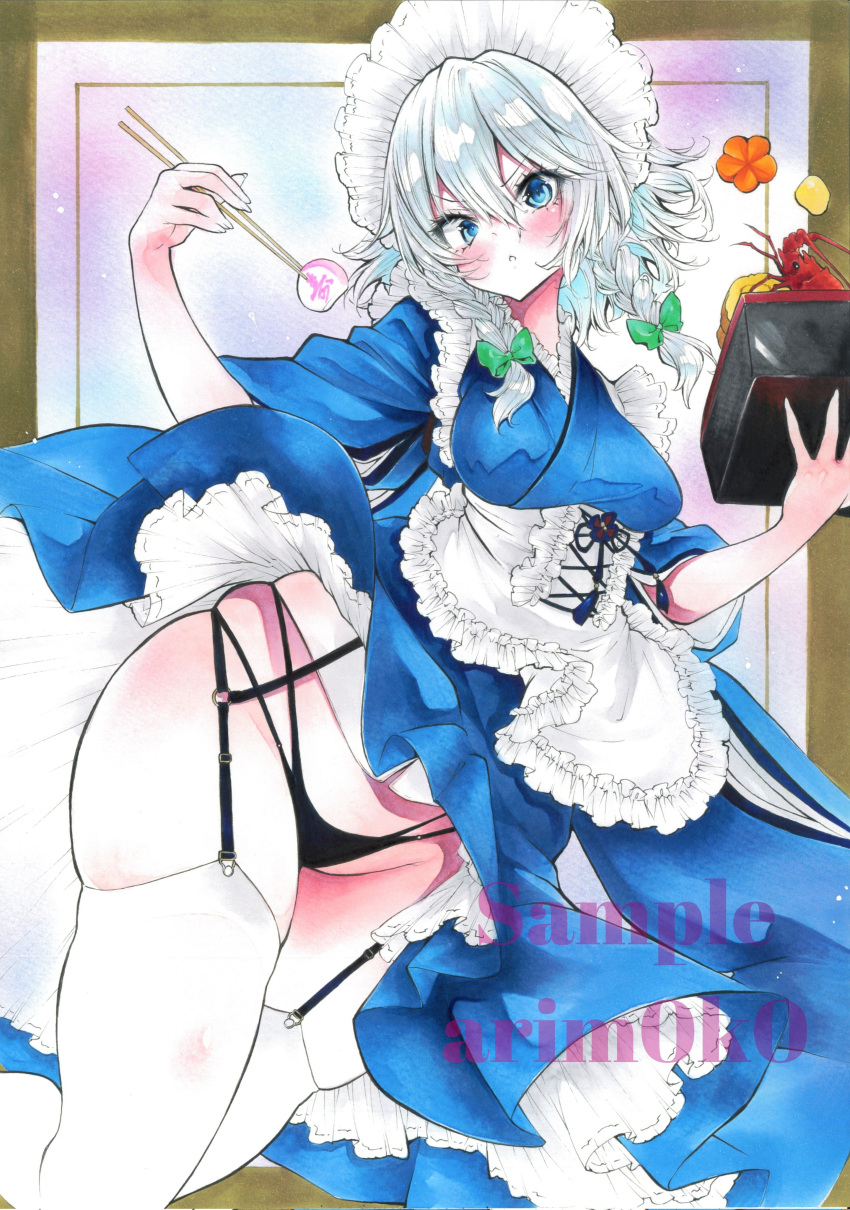 1girl absurdres adapted_costume apron arim0k0 artist_name black_panties blue_eyes blush bonsai braid closed_mouth commentary cross-laced_clothes feet_out_of_frame frilled_apron frills garter_straps grey_hair groin highres izayoi_sakuya japanese_clothes kimono looking_at_viewer maid_headdress marker_(medium) panties sample_watermark short_hair side_braids solo thighhighs touhou traditional_media twin_braids underwear watermark white_thighhighs