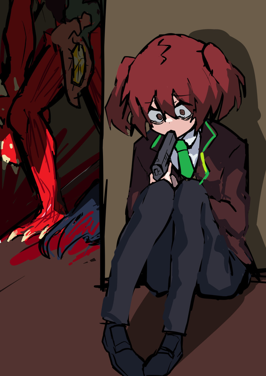 absurdres black_footwear black_pants brown_eyes coco_(556ch0cl8) collared_shirt employee_(project_moon) green_necktie gun_in_mouth highres imminent_suicide jacket lobotomy_corporation necktie nothing_there pants project_moon red_hair red_jacket scared shirt two_side_up wide-eyed