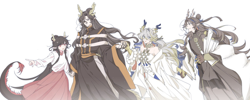 2boys 2girls arknights bare_shoulders black_hair black_skirt blue_hair bracelet breasts brother_and_sister brown_hair brown_pants brown_shirt character_request chui_(smccc1102813) collarbone colored_skin dragon_boy dragon_girl dragon_horns dragon_tail feet_out_of_frame floating_hair green_hair grey_eyes grey_hair hair_between_eyes hair_bun hair_intakes hair_over_one_eye hakama hakama_skirt highres holding_hands horns hugging_object index_finger_raised jacket japanese_clothes jewelry large_breasts long_hair long_sleeves looking_at_another looking_at_viewer multicolored_hair multiple_boys multiple_girls off_shoulder one_eye_covered open_clothes open_jacket outstretched_arm pants parted_bangs pointing red_eyes red_skirt scroll shirt shu_(arknights) siblings side-by-side sidelocks simple_background skirt strapless strapless_shirt streaked_hair tail very_long_hair wang_(arknights) white_background white_jacket white_pants white_shirt zhi_(arknights)