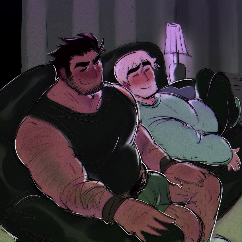 2boys alternate_costume bara beard_stubble black_hair black_tank_top blush couch couple dark-skinned_male dark_skin facial_hair feet_out_of_frame green_shorts hairy highres huge_eyebrows indoors jaime_(grizzgotmilk) large_pectorals leaning_on_person looking_at_another lucas_lee male_focus multiple_boys muscular muscular_male on_couch one_eye_closed pectorals scott_pilgrim_(series) scott_pilgrim_takes_off shirt short_hair short_shorts short_sleeves shorts sleeping sleeping_on_person smile sparse_leg_hair stubble t-shirt tank_top thick_arm_hair todd_ingram yaoi