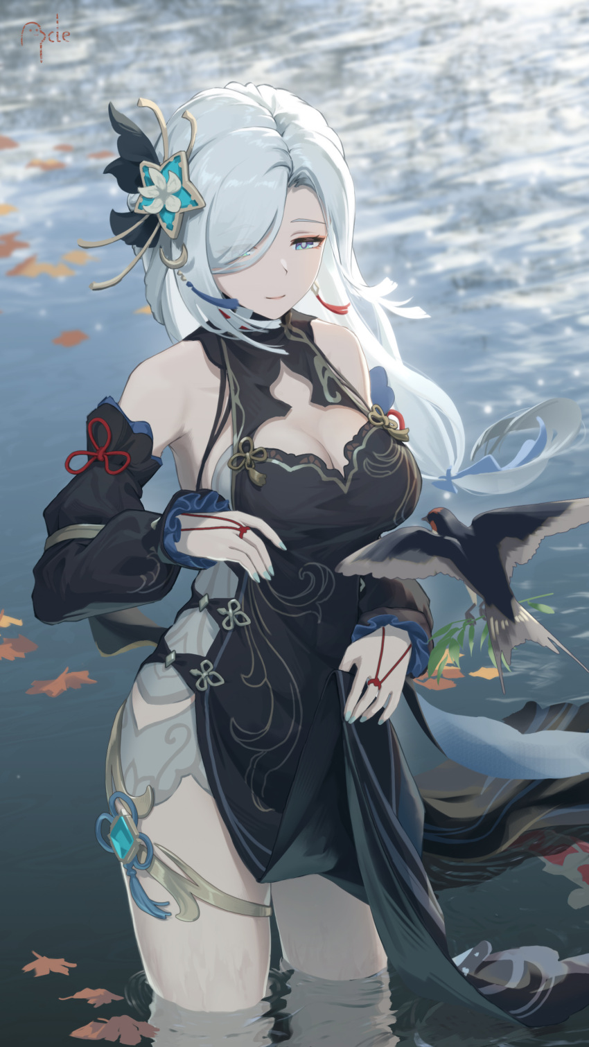 1girl absurdres ancle_(aruncle) bare_shoulders black_dress breasts carp china_dress chinese_clothes cowboy_shot detached_sleeves dre dress genshin_impact gradient_eyes grey_hair hair_ornament hair_over_one_eye highres lake large_breasts long_hair looking_at_viewer multicolored_eyes multiple_girls official_alternate_costume shenhe_(frostflower_dew)_(genshin_impact) shenhe_(genshin_impact) sleeveless smile solo standing thighs very_long_hair white_hair