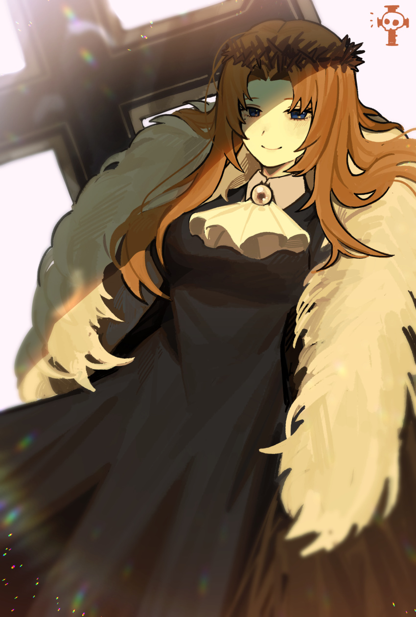 1girl absurdres alternate_costume ascot bad_id bad_pixiv_id black_dress blue_eyes brooch brown_hair cape closed_mouth collared_dress cowboy_shot cross crown_of_thorns dress e.g.o_(project_moon) fur_cape highres jewelry limbus_company lobotomy_corporation long_hair looking_at_viewer one_sin_and_hundreds_of_good_deeds parted_bangs project_moon rodion_(project_moon) simple_background smile solo tt_921780 white_ascot white_background white_cape