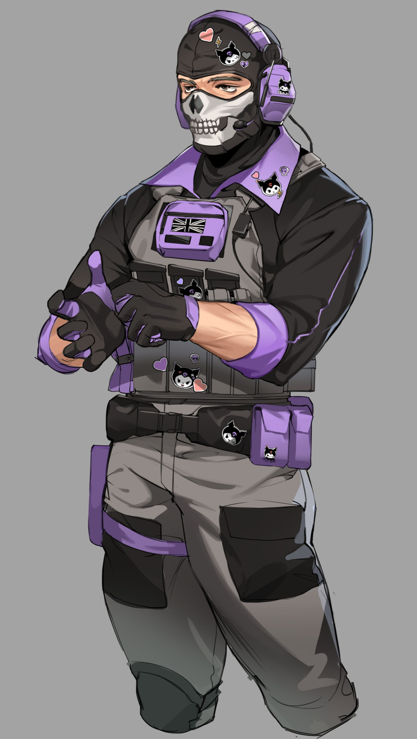 1boy absurdres black_gloves black_shirt bulletproof_vest call_of_duty call_of_duty:_modern_warfare_2 coni0771 ghost_(modern_warfare_2) gloves grey_background grey_pants headphones highres kuromi male_focus mask onegai_my_melody pants purple_gloves purple_shirt sanrio shirt simple_background skull_mask solo two-tone_gloves two-tone_shirt