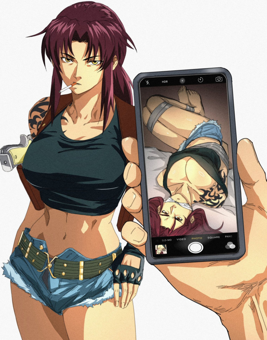 1boy 1girl argent_moon arm_tattoo black_lagoon bound breasts cowboy_shot fingerless_gloves fur-trimmed_shorts fur_trim gag gagged glaring gloves highres holding holding_phone looking_at_viewer phone revy_(black_lagoon) short_shorts shorts simple_background tape tape_bondage tattoo white_background yellow_eyes