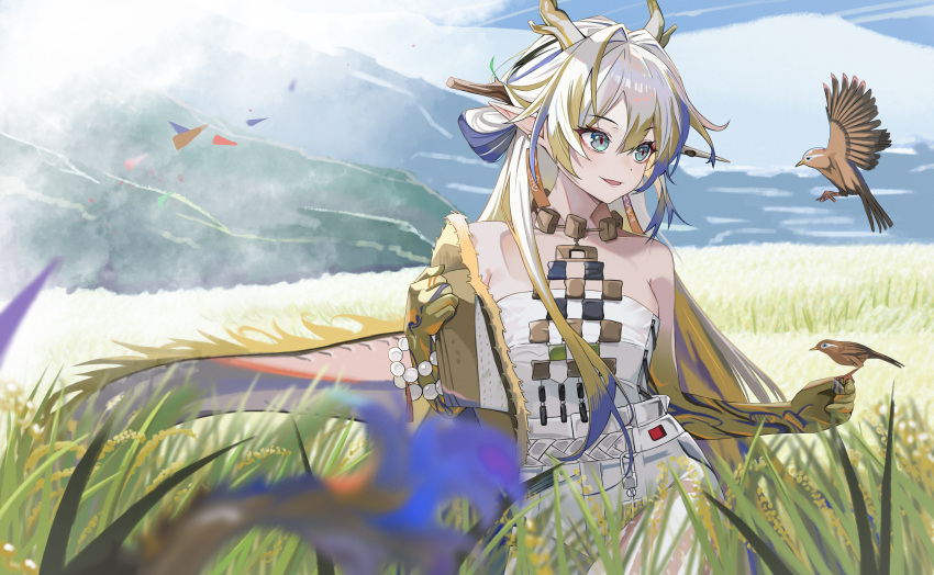 1girl :d absurdres arknights auguste bare_shoulders bead_bracelet beads bird blonde_hair blue_eyes blue_hair bracelet choker commentary_request grass highres horns jewelry long_hair mountain multicolored_hair necklace off_shoulder pants shu_(arknights) smile solo strapless streaked_hair tube_top very_long_hair white_hair white_pants