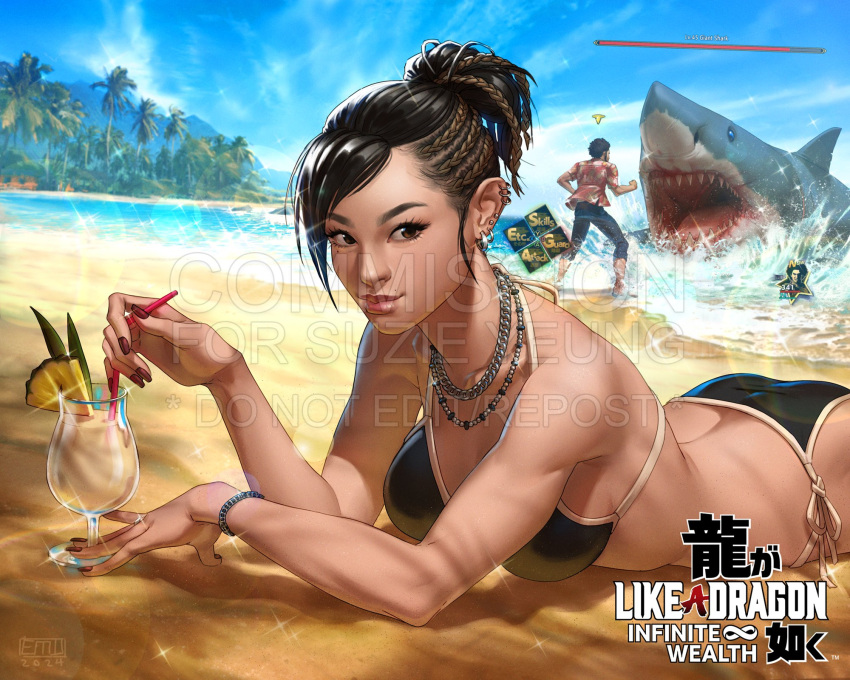 1boy 1girl ass beach bikini black_hair breasts cleavage cocktail_glass commission cornrows cup drinking_glass erin_winn fangs fujinomiya_chitose_(ryuu_ga_gotoku) gameplay_mechanics hawaiian_shirt highres jewelry kasuga_ichiban necklace palm_tree ryuu_ga_gotoku_(series) ryuu_ga_gotoku_8 shark sharp_teeth shirt swimsuit teeth tree water watermark