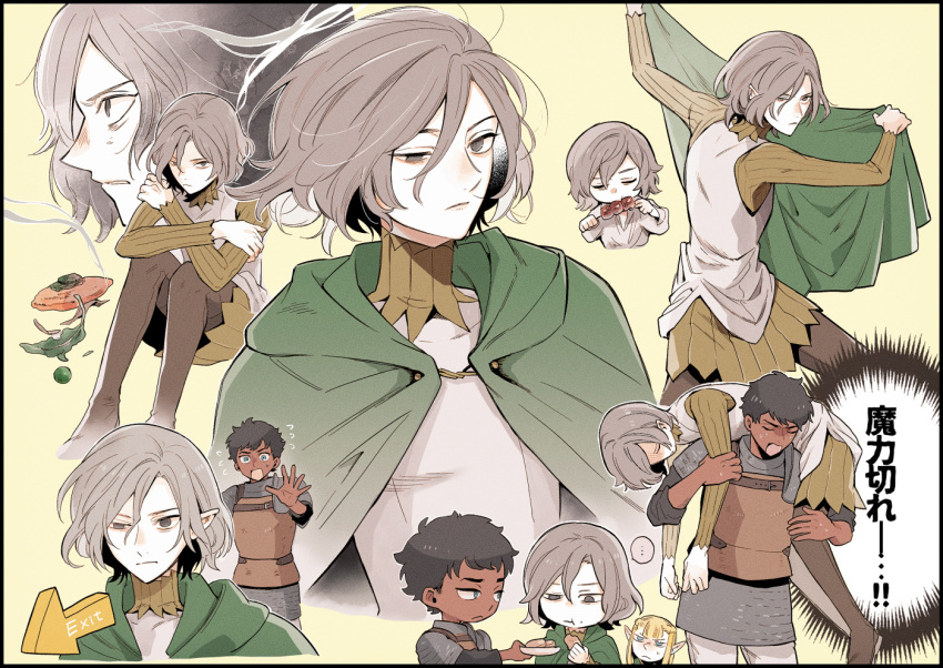 1girl 2boys androgynous asatokitchen black_hair blonde_hair cape carrying_over_shoulder chibi closed_mouth dark-skinned_male dark_skin dungeon_meshi eating full_body grey_eyes grey_hair kabru male_focus mithrun multiple_boys one_eye_closed pattadol pointy_ears short_hair simple_background speech_bubble sweat upper_body